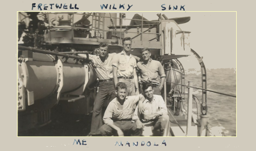 Back Row - Fretwell, Horace (Bud) R S1/c 45-46, Wilkerson (no additional information) and Sink, Robert C RM? 44-45 * Front Row - Myreholt, Keith L RM3 44-45 and Mandola Jr, John RM3 44-46