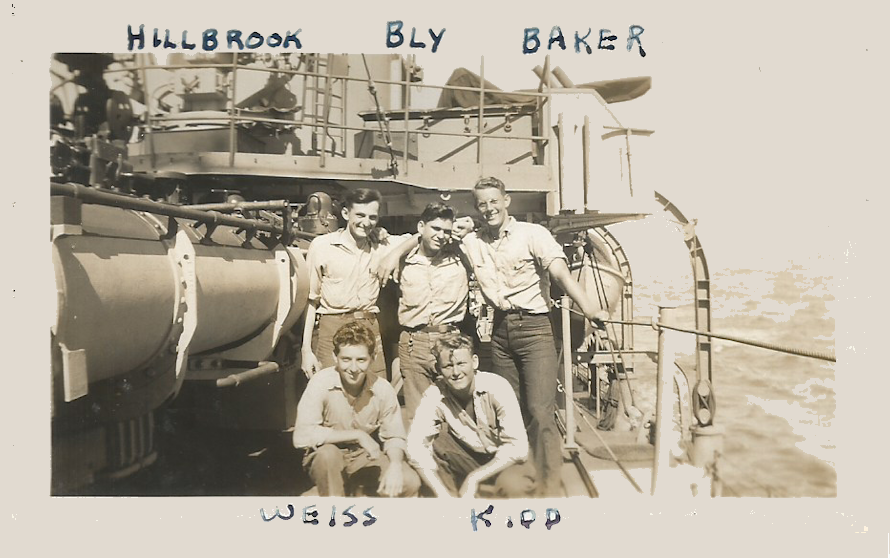 Back Row - Hillbrook, Henry N RM3 45-46, Bly, Harold E RM3 44-46 and Baker (no additional information) * Front Row - Weiss, Calvin M RM3 45-46 and Kidd, Arthur G  RM3 44-45