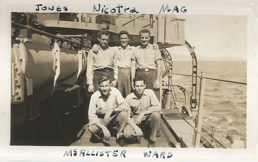 Back Row - Jones (no additional information), Nicotra, Nicolas SN 44-45 and Magliochetti, John F SN 44-45 * Front Row - McAllister, John (Jack) A RM3 44-46 and Ward, Donald L RM2 44-45