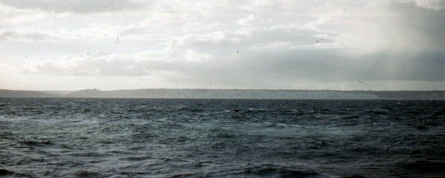 Passing thru English Channel, past White Cliffs of Dover, headed for Cherbourg, France.